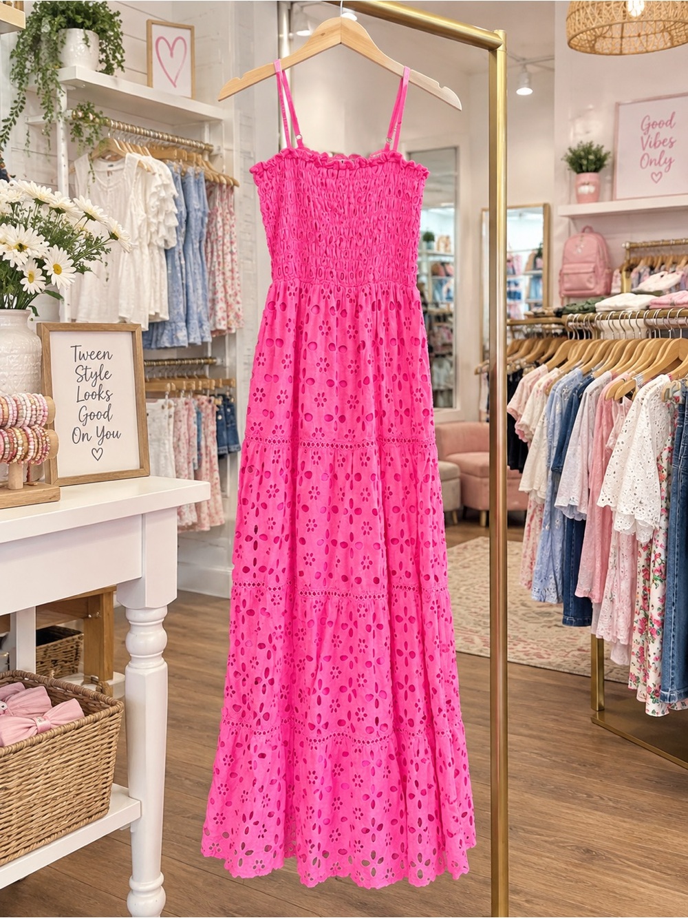 FLOWERS BY ZOE maxi dress in pink coral hot pink eyelet smocked size L